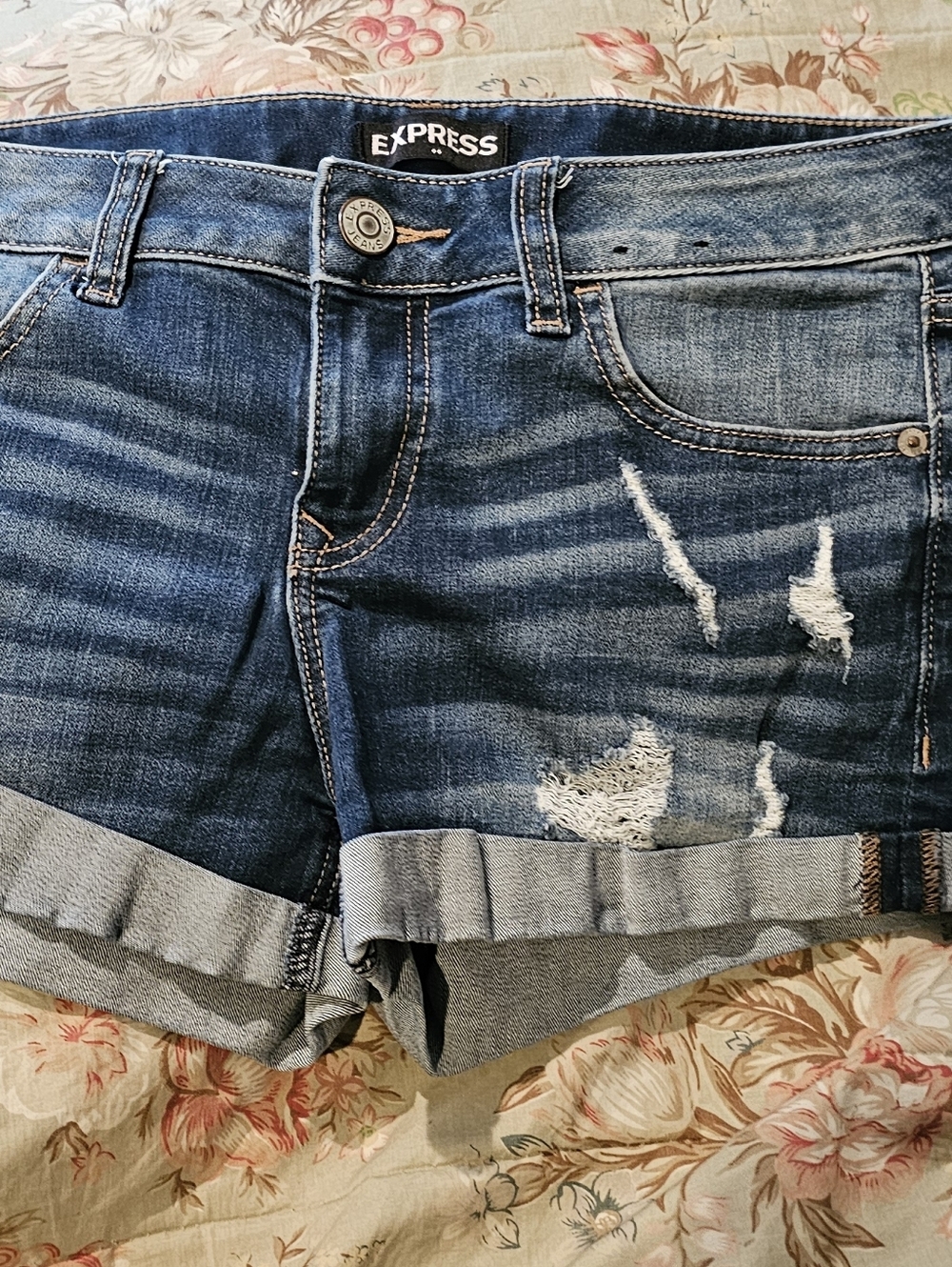 Express Shortie Low Rise Distressed Dark Blue Denim Jean Shorts